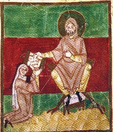 Abb. 2: Der heilige Benedikt überreicht die Benedikt-Regel an die Äbtissin des Klosters Niedermünster. Konventsbuch der Äbtissin Eilika